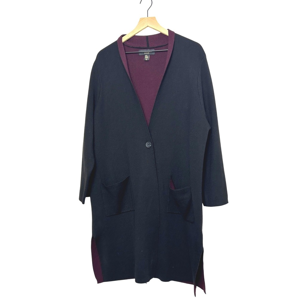 Paul Costelloe Cardigan plus 2X Black Burgundy Merino Wool Longline Sweater Coat